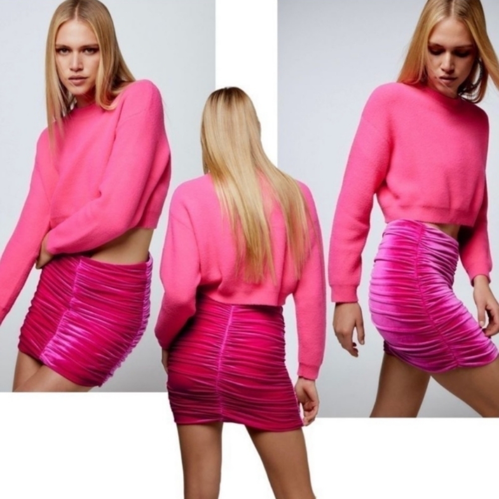 Zara hot pink draped velvet stretched bodycon mini skirt Large T9